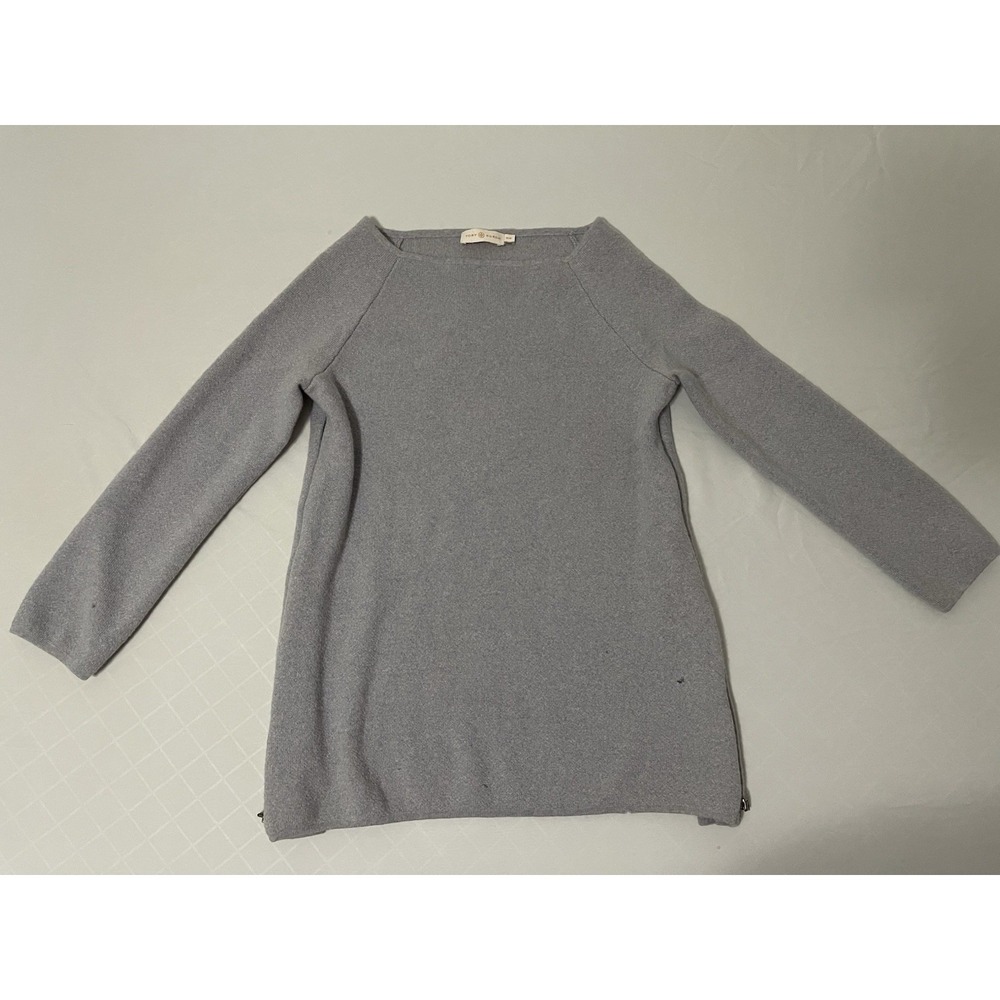 Tory Burch Women's M Rylie Sweater Tunic Gray Side‎ Zip Merino Wool 3/4 Sleeve